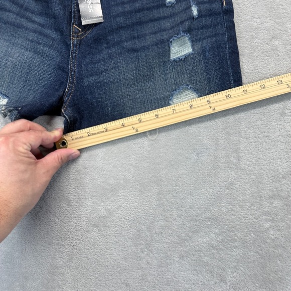 Express Shorts Women's 4 Shortie Super High Rise Blue Distressed Raw Hem Denim - Picture 8 of 11